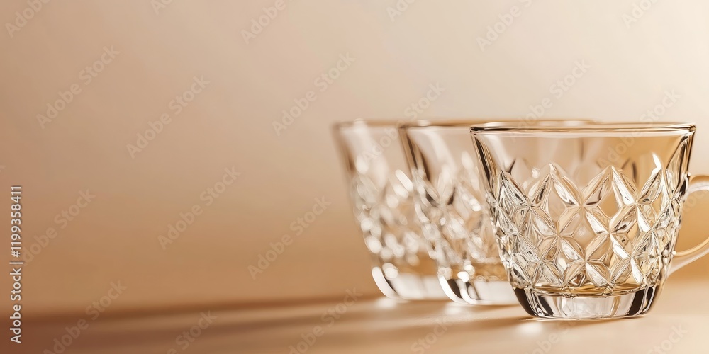Poster three crystal glass cups arranged in a row on a warm beige background with empty space for text in a