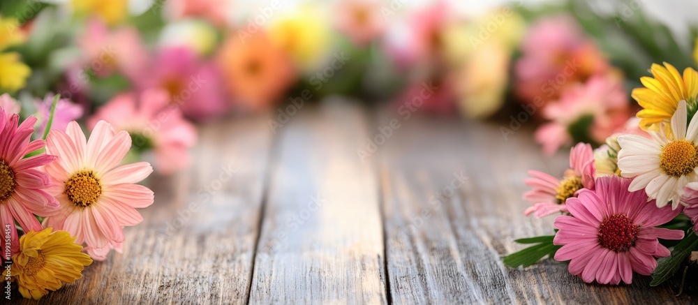 Aufkleber colorful flower garland on rustic wooden background with soft focus and empty space for text in vint