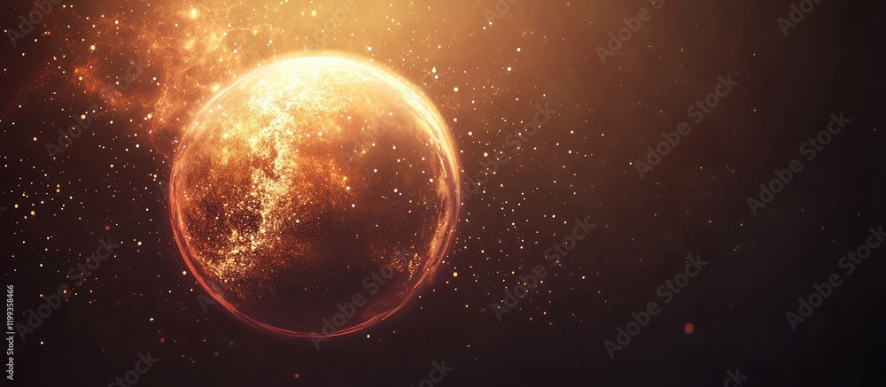 Poster cosmic sphere with glowing particles in warm orange hues against dark background with text space for