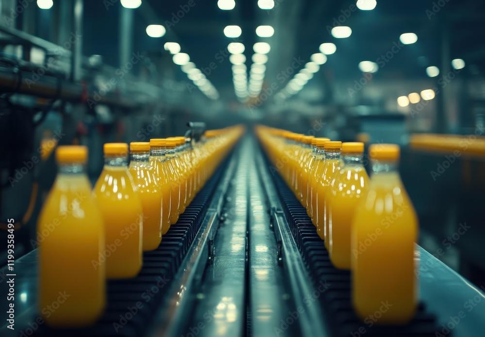 Poster bottles of fresh orange juice on production line in modern factory, creating efficient workflow in b