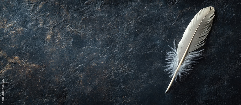 Poster elegant white feather quill resting on dark textured surface with ample empty copyspace for vintage 