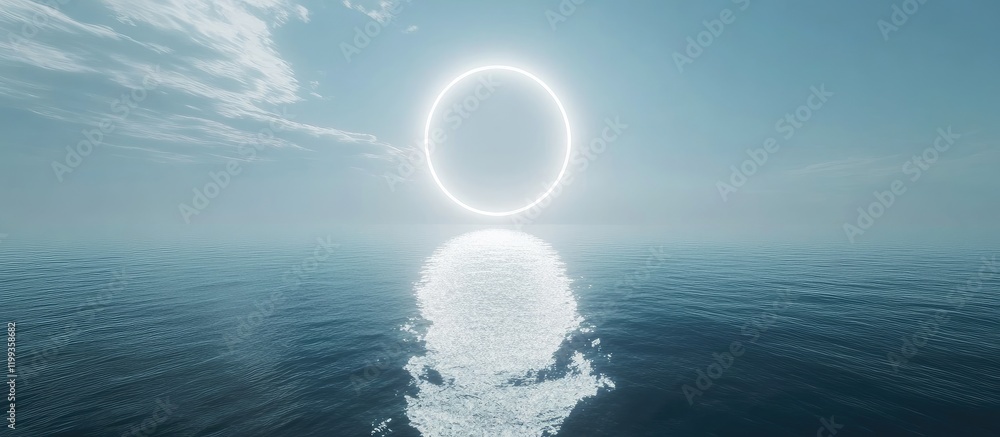 Poster morning sunlight illuminating tranquil ocean surface with energy wave circle creating calm atmospher