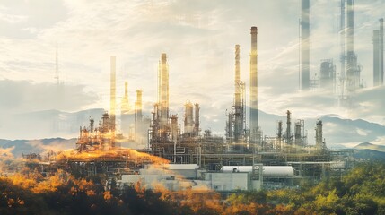 Obraz premium Industrial Refinery Complex Amidst Autumnal Landscape