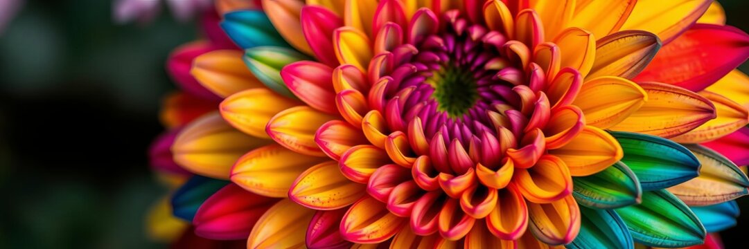 Close up texture of multicolored petals of a chrysanthemum flower, displaying a rainbow of colors, close up, blooming - Powered by Adobe