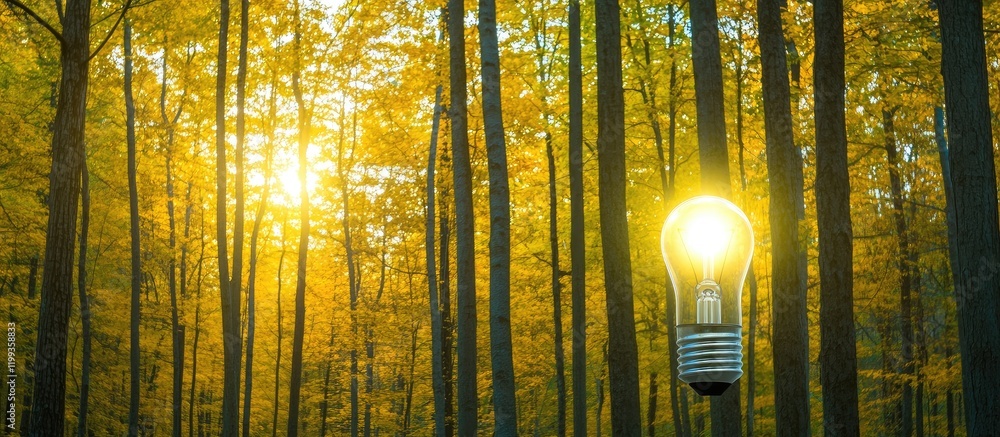 Poster vibrant autumn forest with golden sunlight filtering through trees and illuminated light bulb symbol