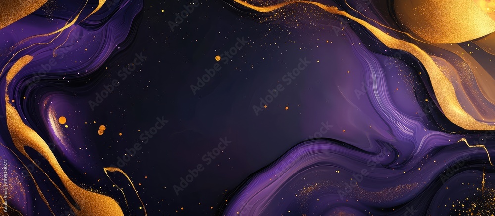 Poster fluid art background in purple gold black and cream with smooth abstract waves and empty center spac