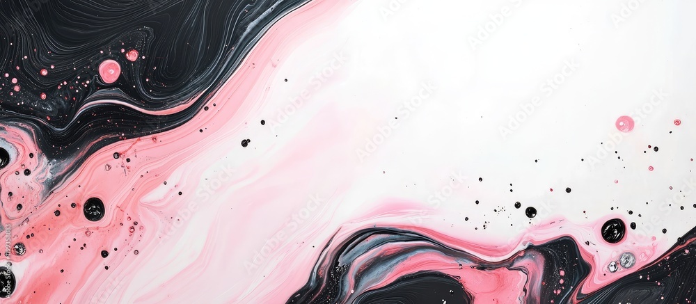Poster fluid art background featuring pink and black marble texture with negative space for text in a horiz