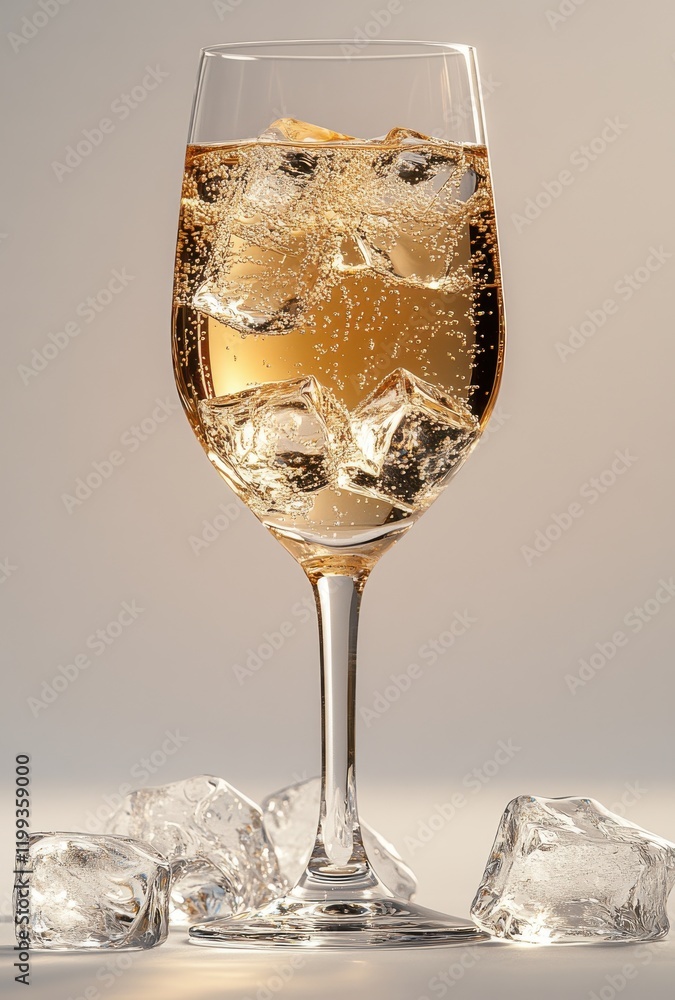 Poster bubbles and refreshment: sparkling drink in elegant glass with ice cubes on a soft gradient backgrou