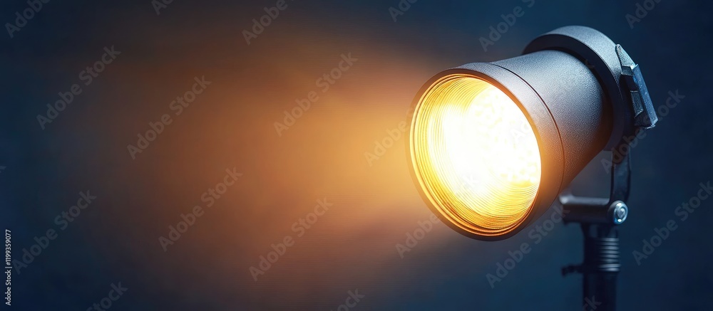 Poster advanced led spotlight illuminating warm orange light on dark blue background with copy space for te