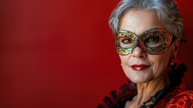 horizontal banner, portrait of an elegant elderly fashion model in a golden carnival mask, red background, copy space, free space for text