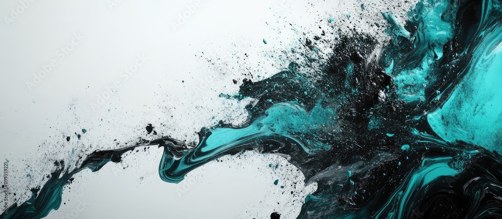 Poster teal and black fluid art with marble swirls on a white background featuring dynamic color splashes a