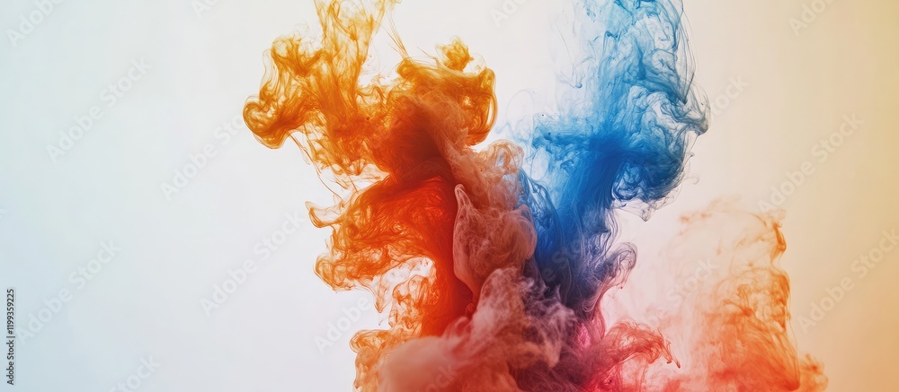 Poster vibrant fluid art ink paint texture in orange and blue swirls on light background with blank copy sp