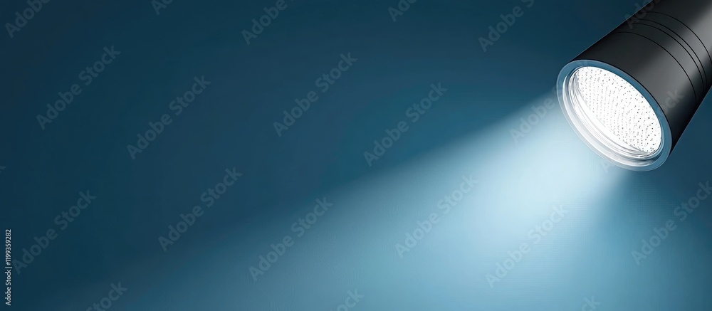 Poster energy efficient led spotlight casting bright white light against a deep blue background with ample 