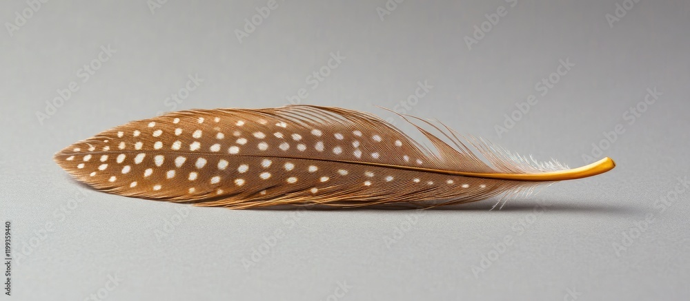 Poster macro close-up of a delicate brown feather with white spots on a soft gray background, showcasing te