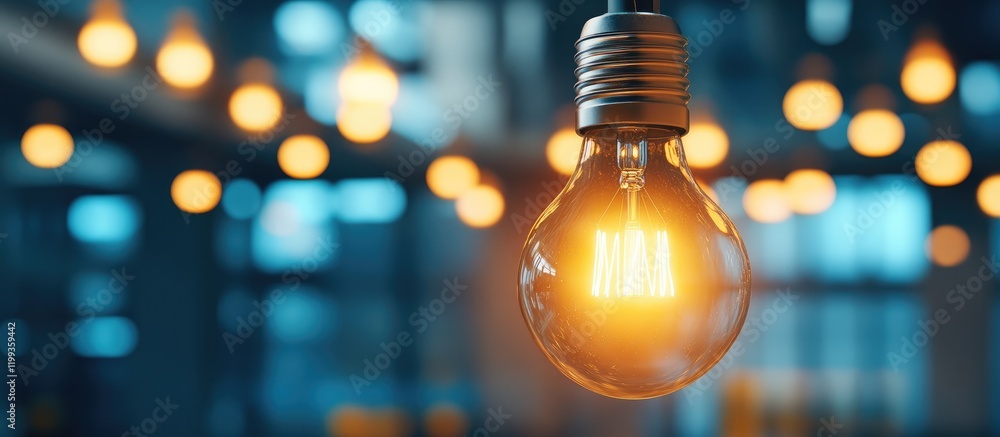 Poster illuminated light bulb in modern industrial space with soft bokeh background featuring smart energy 