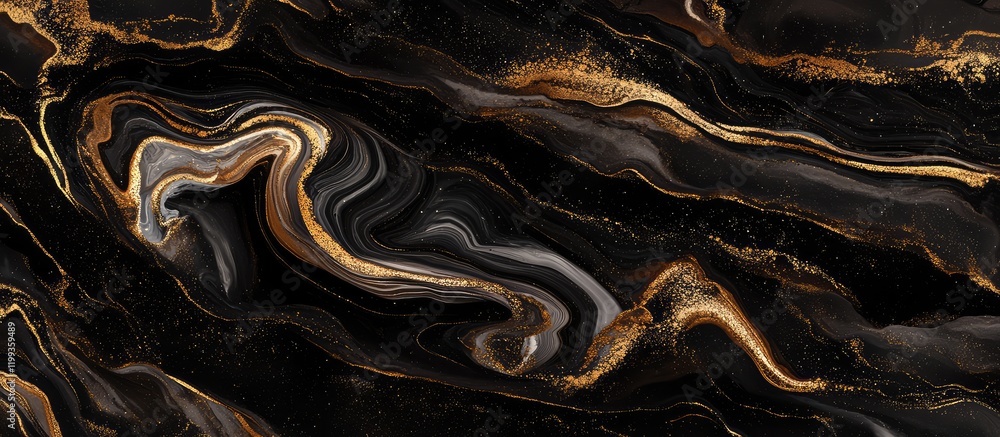 Poster fluid art abstract background in black and gold with marble texture and empty copy space for text, h