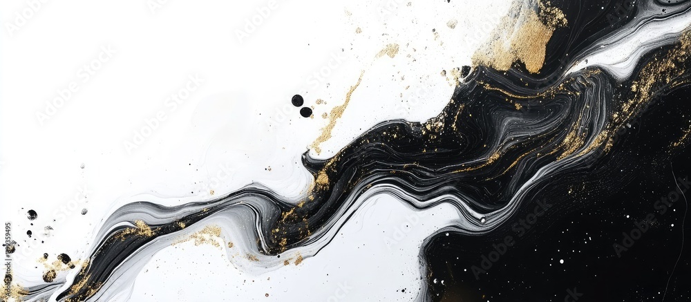 Poster abstract fluid art composition in black, white, and gold textures featuring smooth curves and empty 