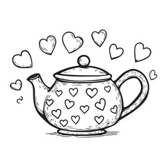 A whimsical hand-drawn sketch of a teapot covered in hearts, with little hearts floating around it like steam