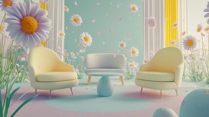 Bright and Cheerful Living Room with Floral Decor and Soft Colors
