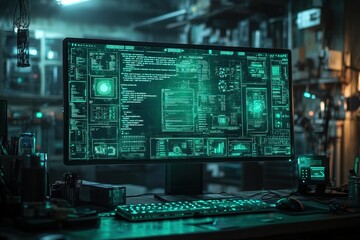 Fototapeta premium Cyberpunk desktop, glowing green screen, coding.