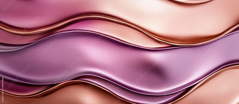 Poster metallic violet and rose gold fluid art texture with wavy patterns on a smooth surface and empty cop