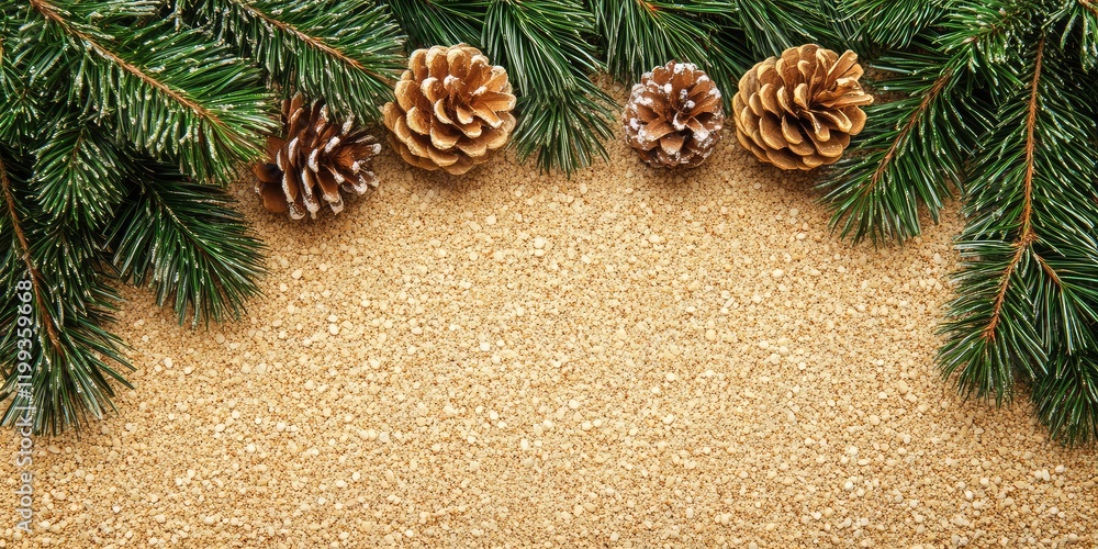 Aufkleber elegant christmas background with green pine branches golden glitter and pine cones with empty space