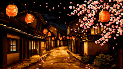 Enchanting pixel art of a Japanese street at night, illuminated by warm lanterns and adorned with falling cherry blossoms.