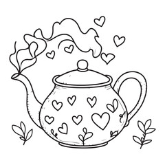 A whimsical teapot with a heart pattern, steaming with love and surrounded by hearts and leaves