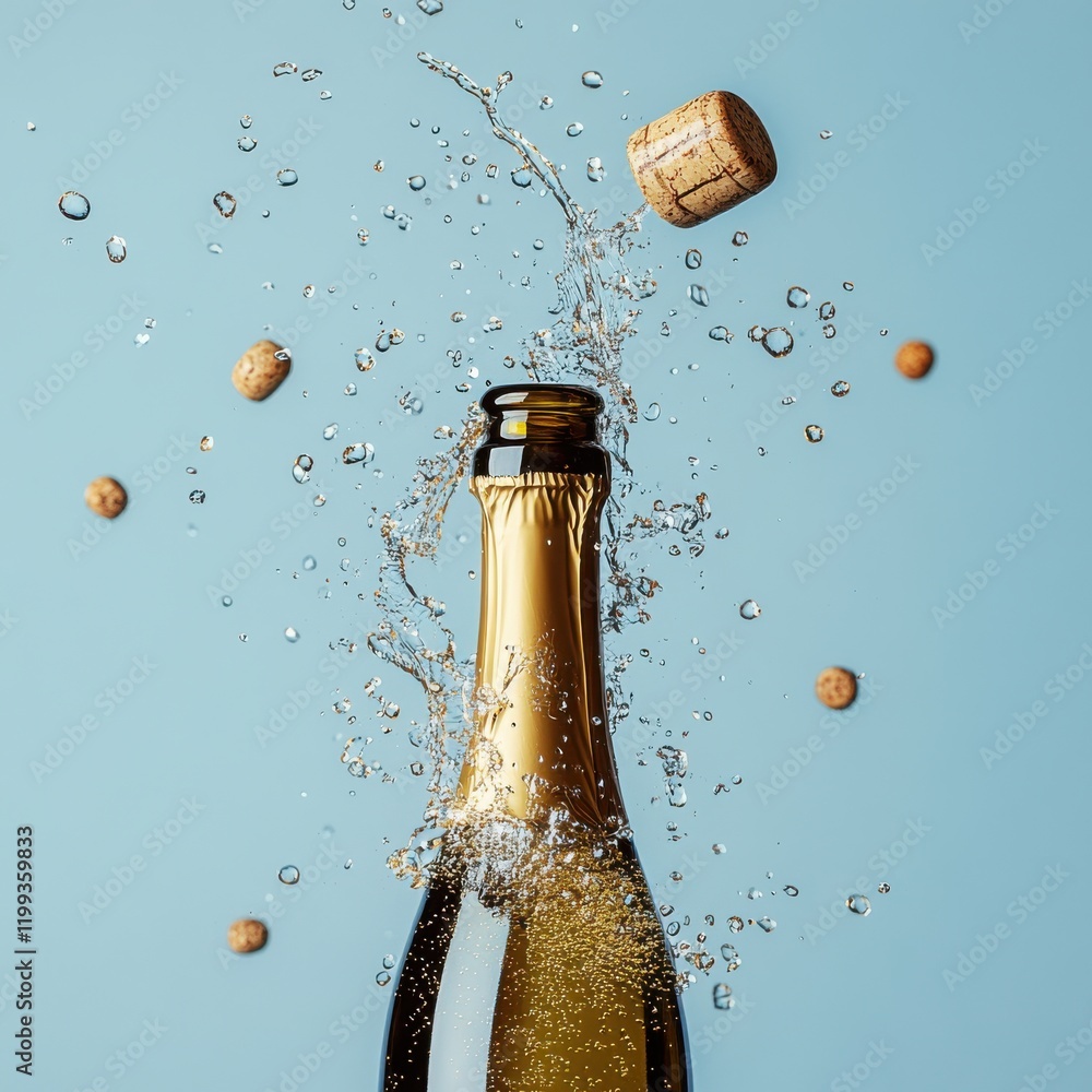 Poster captivating burst of sparkling champagne with splashing water and floating cork on a soft blue backg