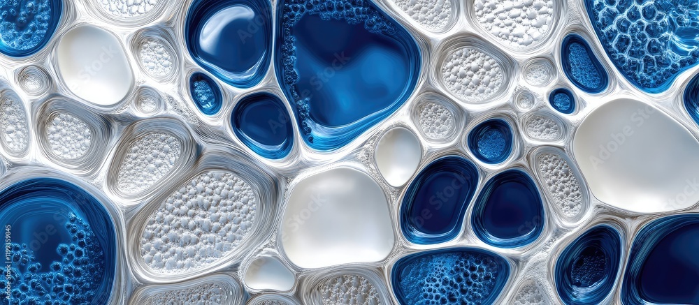 Poster fluid artwork in dark blue silver and white cells abstract design with copy space for text in horizo