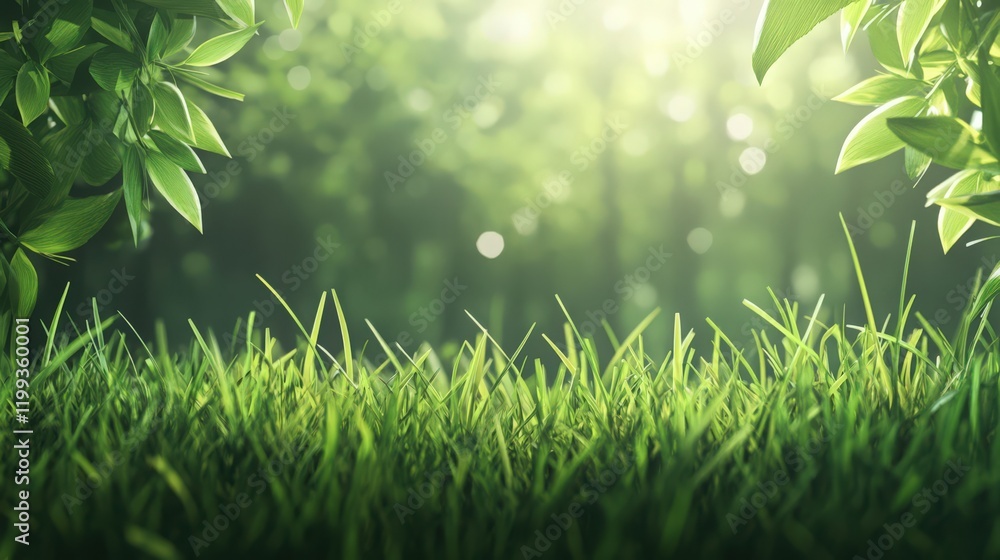 Poster sunlit lush green grass and leaves nature scene with bokeh in background 3d render