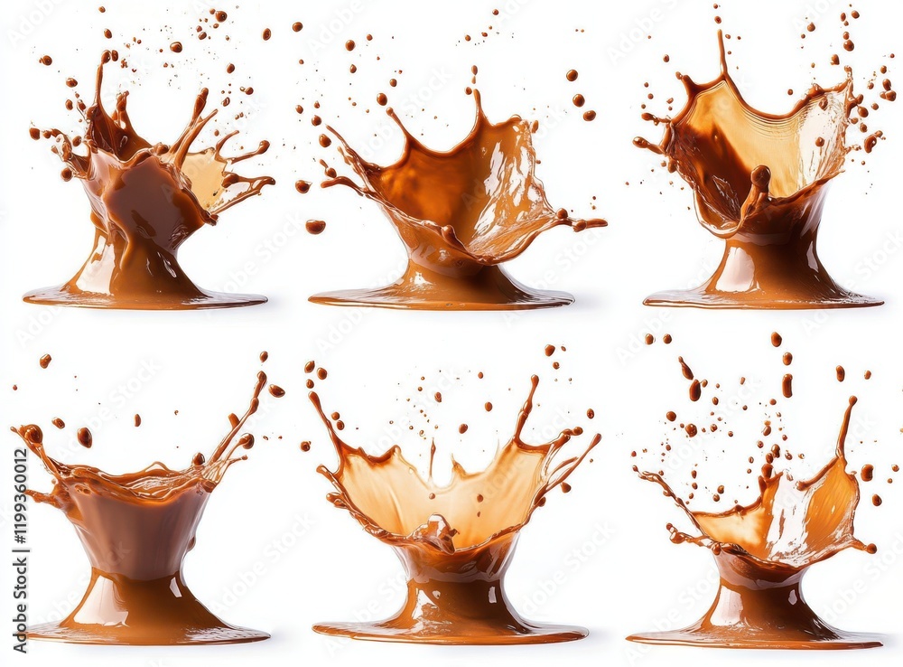 Poster captivating chocolate splash collage showing dynamic movement and texture in a series of brown liqui