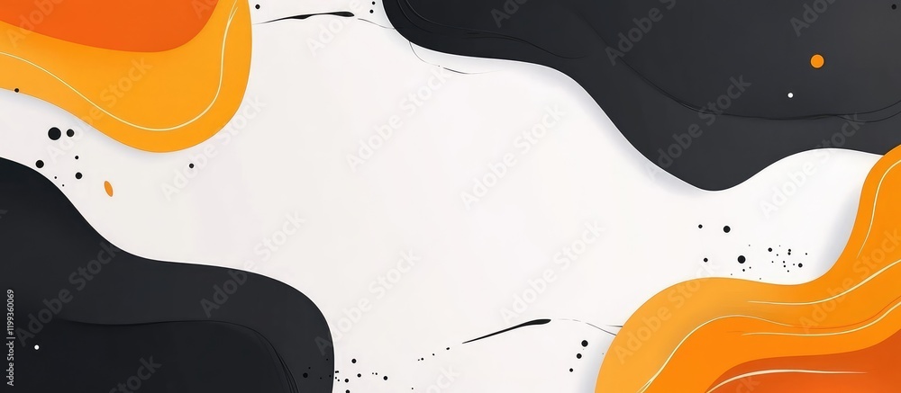 Poster dynamic orange and black abstract background with fluid waves and clear center space for text