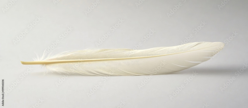 Poster delicate white goose feather on light gray background with ample copy space for text and design elem