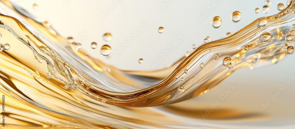 Poster golden fluid dynamics abstract with water waves and bubbles in soft focus on light background, suita