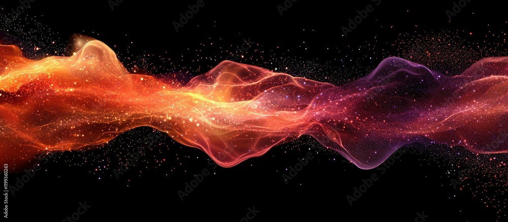 Poster colorful digital waves abstract with flowing particles on black background, featuring empty space fo