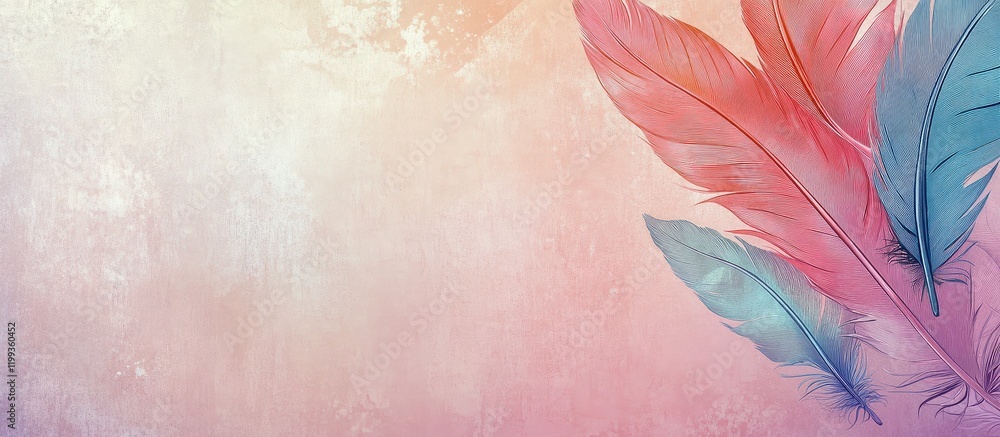 Poster Bohemian Themed Background Featuring Soft Pink and Blue Feathers with Subtle Textured Gradient and Copyspace for Custom Text Design