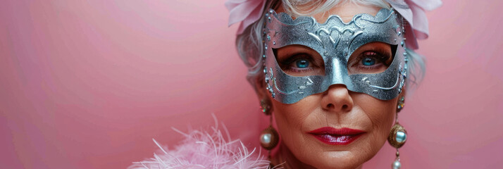 horizontal banner, portrait of an elegant elderly woman with short gray hair, fashion model in a silver carnival mask, delicate pink purple background, copy space, free space for text
