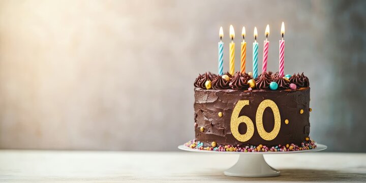 Chocolate Birthday Cake with Colorful Candles, Gold '60' Decoration, Set on a White Stand Against a Gray Background, Empty Space for Text