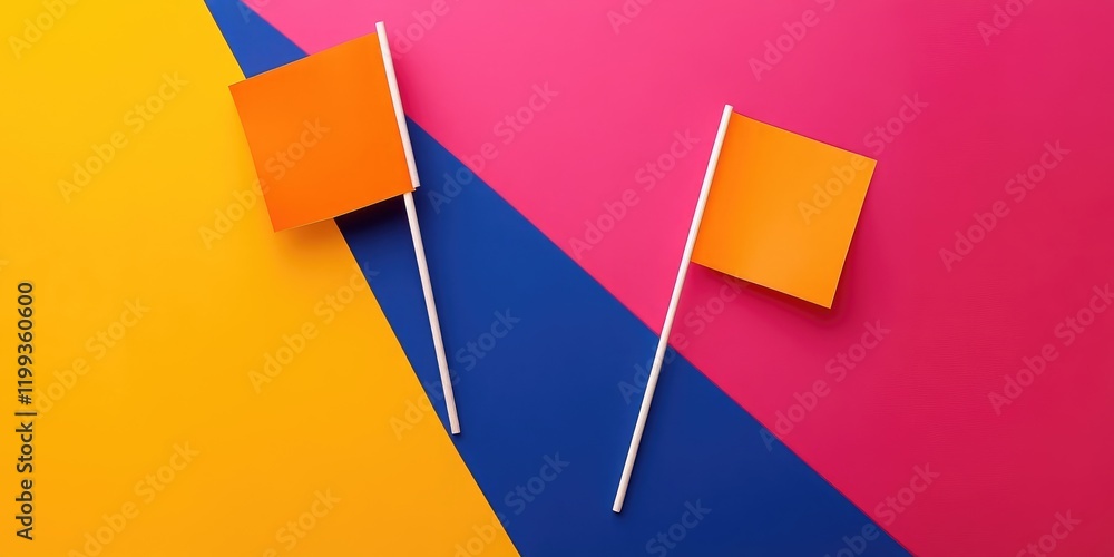 Poster flat design mockup of crossed orange flags on bright yellow and pink background with blue triangular