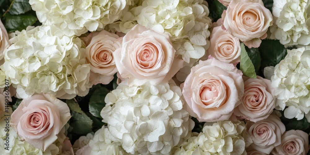 Poster fresh pink roses and creamy white hydrangeas arranged on a soft textured background with ample empty