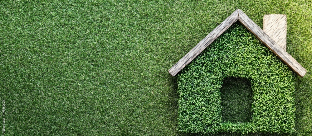 Poster green eco-friendly house model on lush grass background with empty space for text representing energ