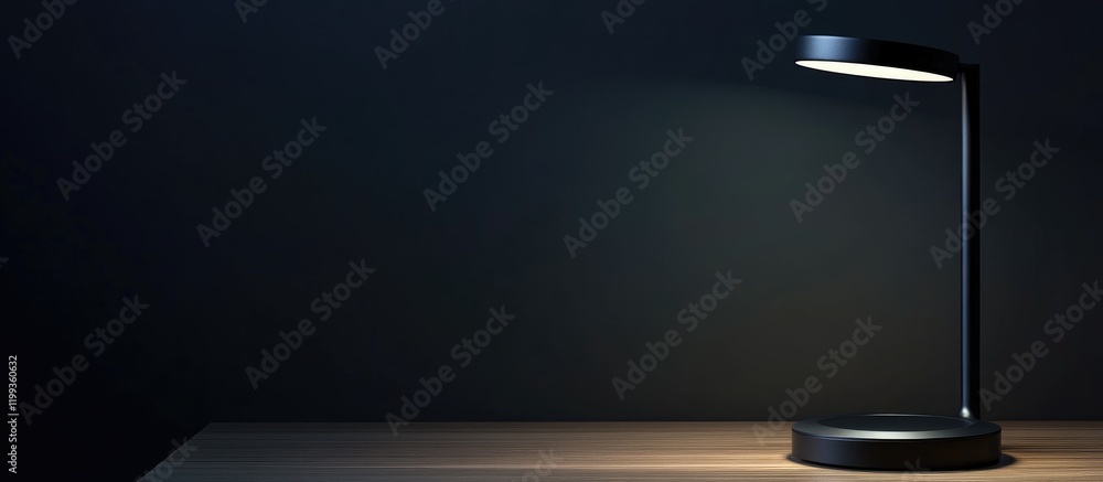 Poster modern minimalist desk lamp illuminating dark space with copy area, soft focus on warm light, seamle