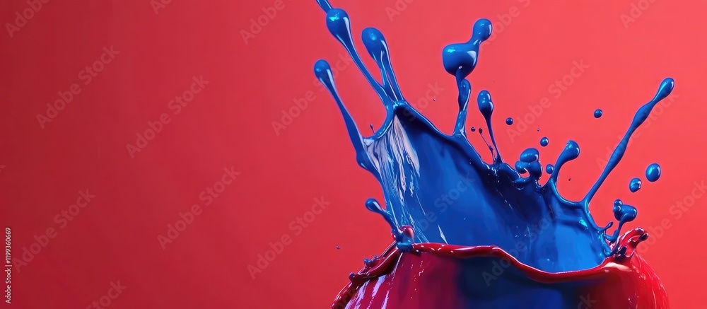 Poster dynamic fluid paint splash in vibrant neon red and blue hues against a solid red backdrop with ample