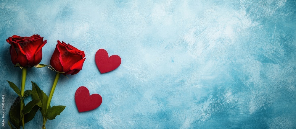 Poster father's day greeting card with red roses and heart shapes on soft blue textured background with cop