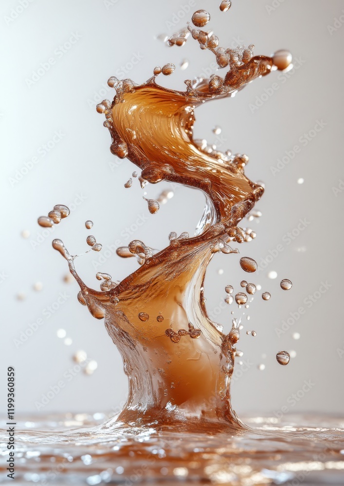 Poster captivating splash of brown liquid with dynamic droplets and whirls creating a stunning visual effec