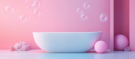 Contemporary bathroom design featuring a white bubble bathtub against a pastel pink backdrop with floating bubbles and soft lighting for tranquility.