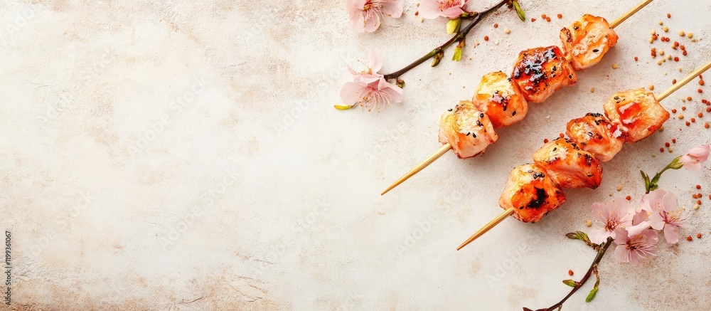 Poster delicious grilled skewers with shrimp and vegetables on a rustic textured background adorned with pi