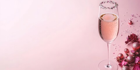 Champagne flute with pink bubbly drink adorned with decorative flowers and festive ornaments on light pink background with empty space for text