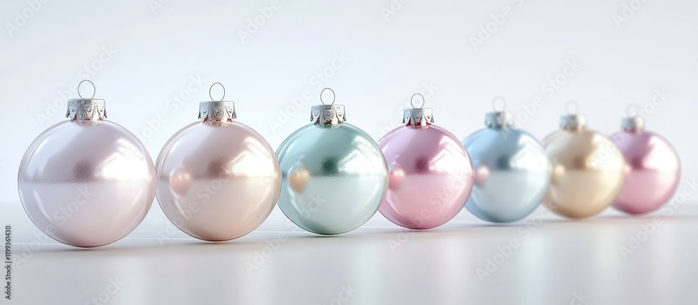 Poster pastel colored christmas baubles in a row on a soft white background with ample empty space for text